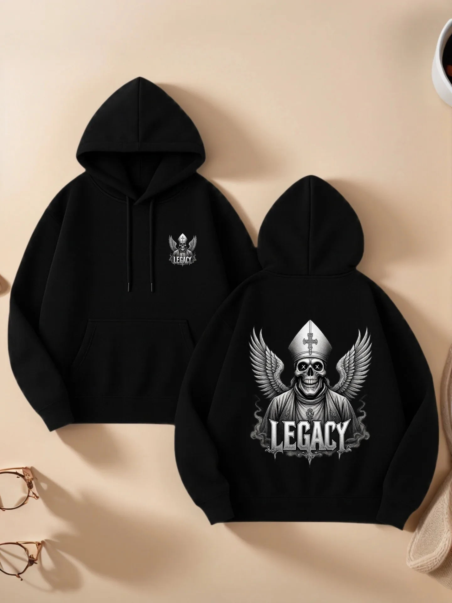 Skull - سترة بغطاء للرأس برسومات Legacy، تصميم جمالي لملابس الشارع، مزيج من القطن، ملابس يومية غير رسمية، للشباب