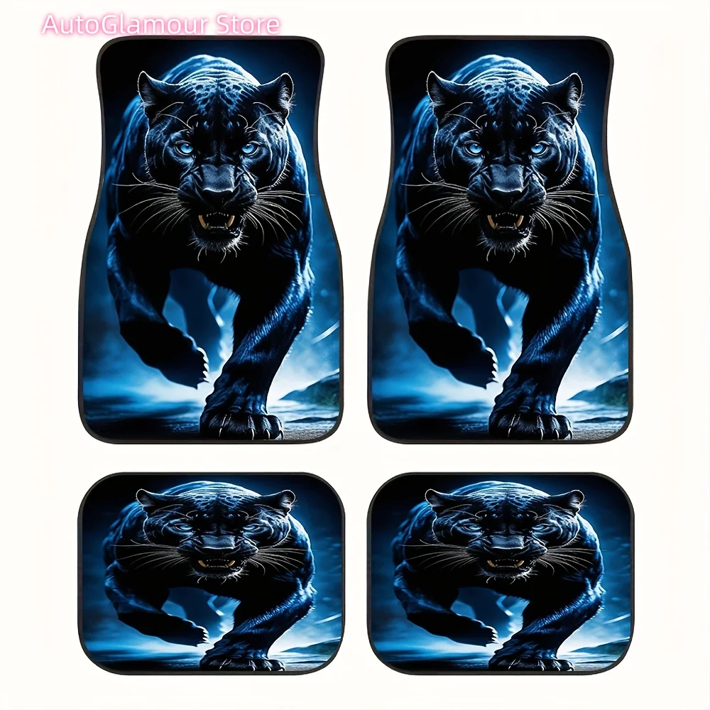 Set of 4 Black Panther Night Runner Car Mats, Universal Anti-Slip And Dustproof Front And Rear Carpet Additions