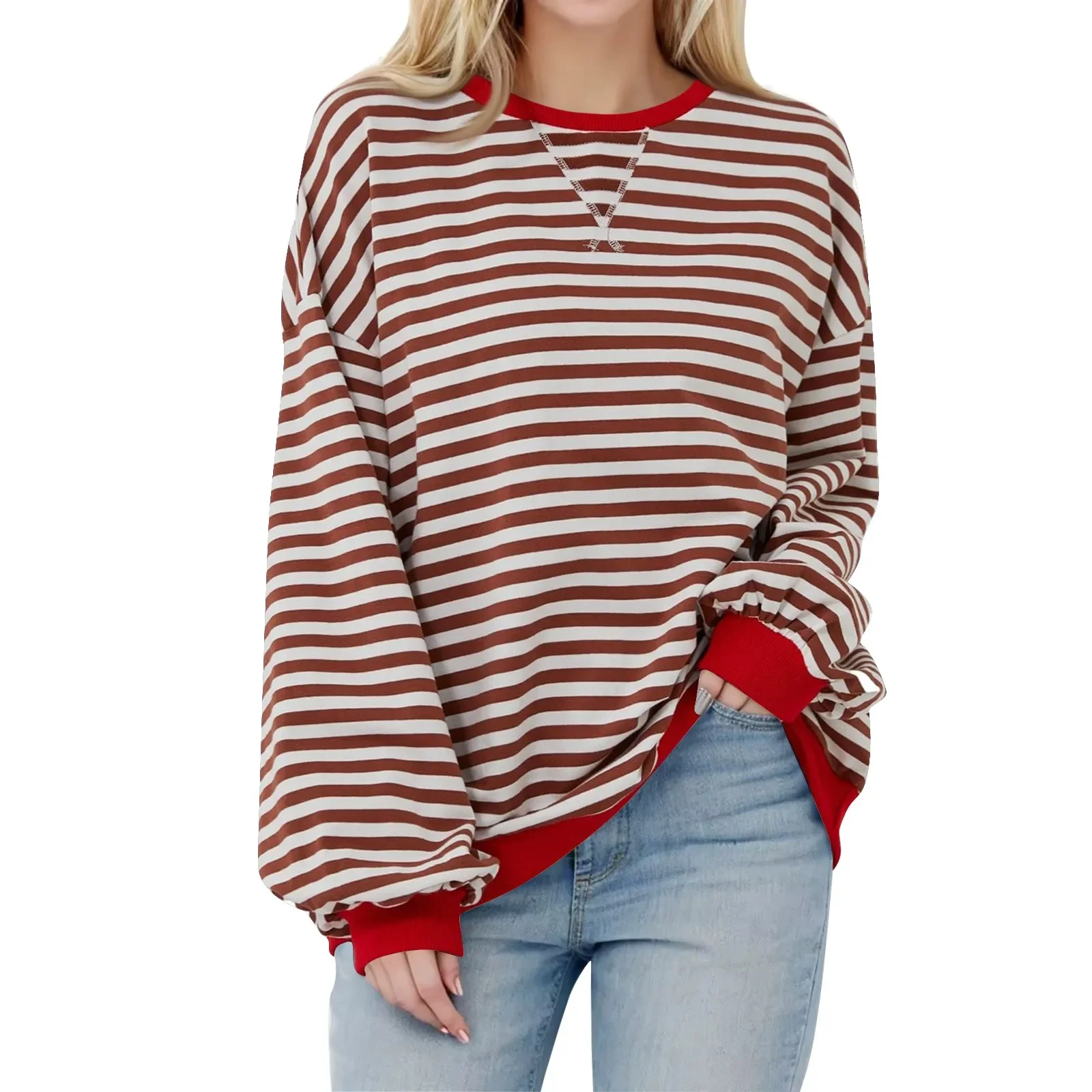 Women's Oversized Striped Color Blocking Long Sleeved Round Neck Sports Shirt Casual Loose Fitting Pullover Shirt