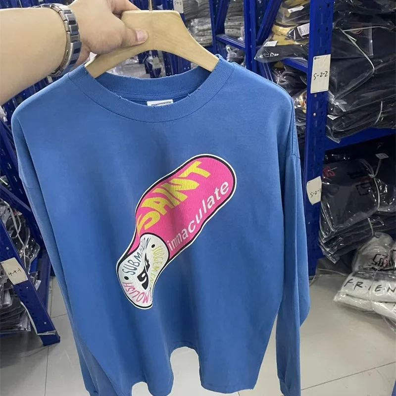 

25SS Уличная одежда для мужчин и женщин унисекс хип-хоп футболка SAINT с длинным рукавом с рисунком и принтом винтажная стираная синяя повседневная футболка топы
