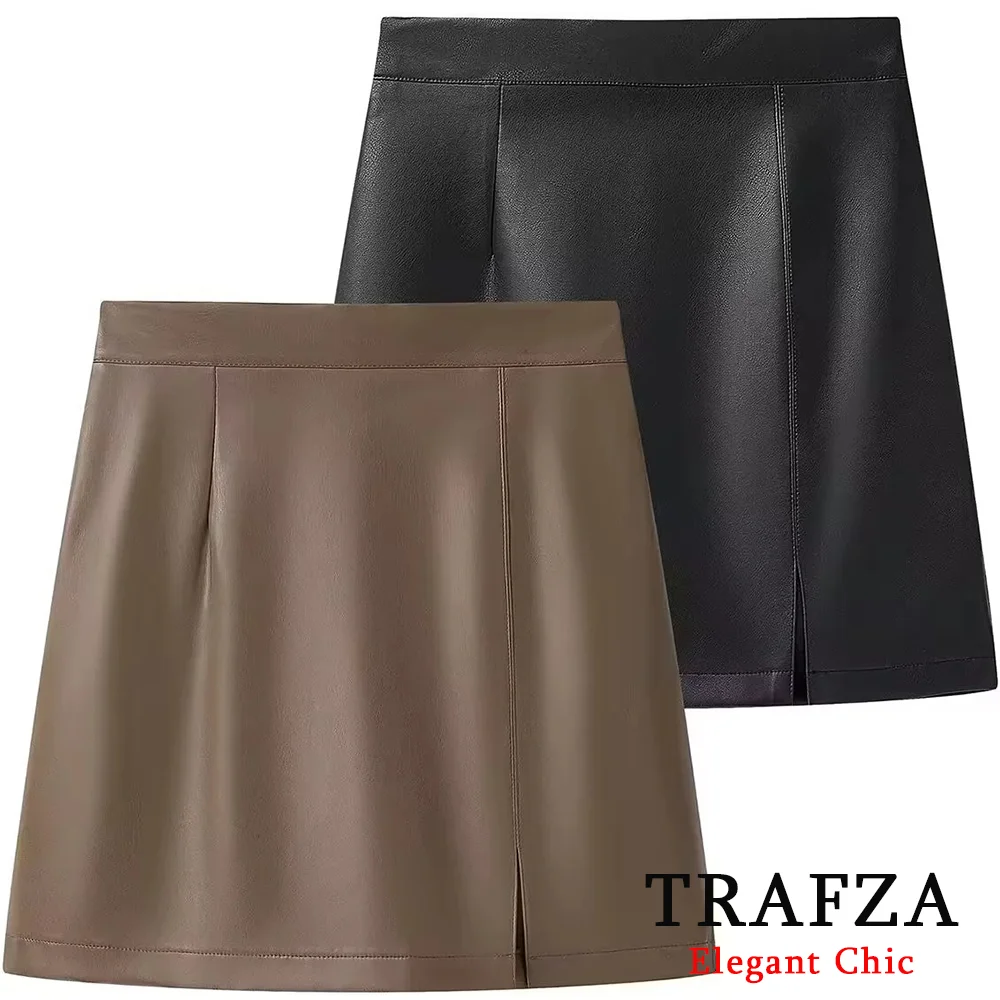 

TRAFZA Sexy Club Black Brown PU Women Skirt Side Split A-line Mini Skirt New 2025 Summer Fashion Romantic Party Date Mujer Skirt