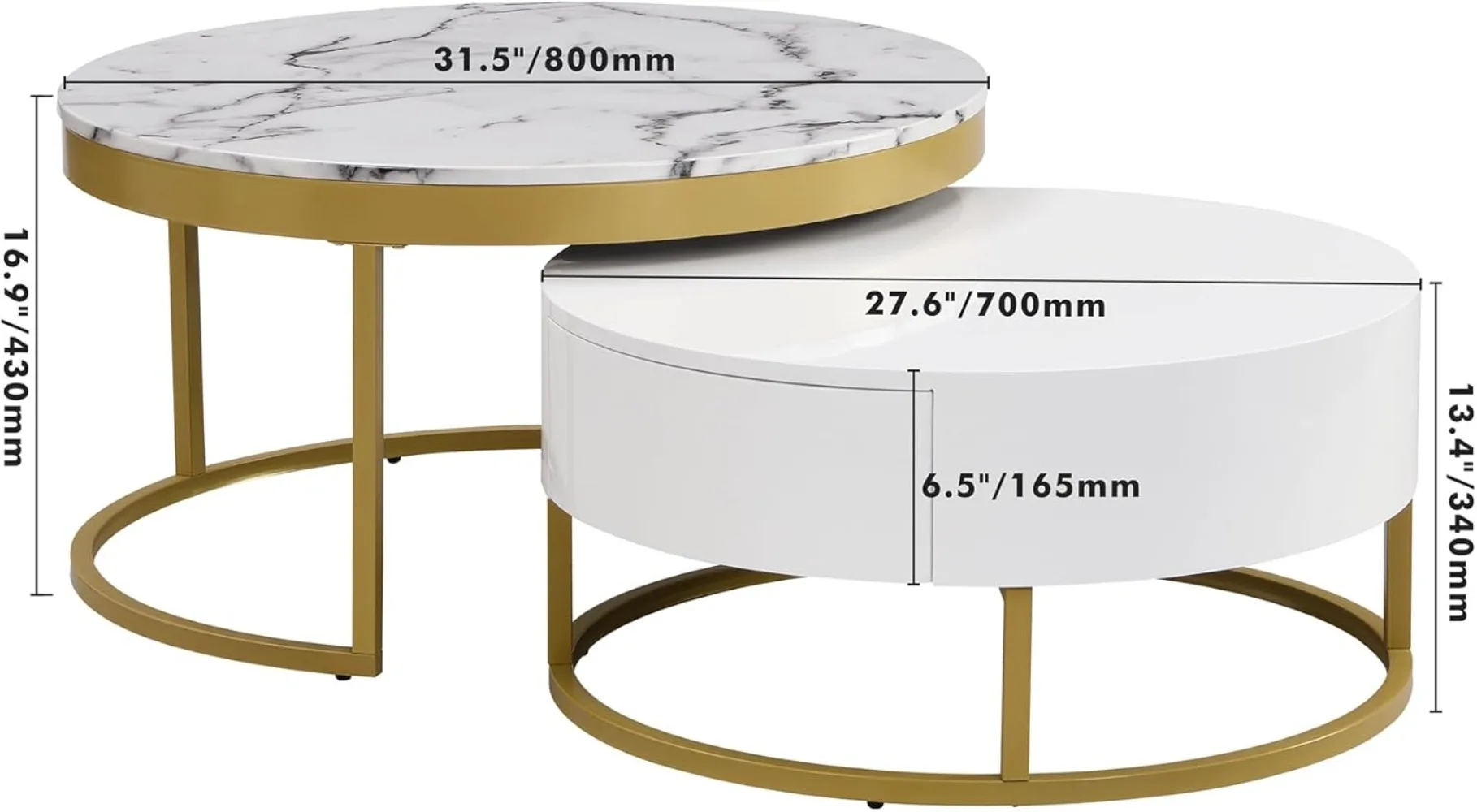 Coffee Table Set of 2, Nesting Tables for Living Room with 2 Drawers, Modern Gold Nesting Coffee Table with Faux Marble Top