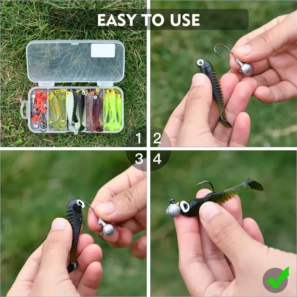 

40pcs Soft Fishing Lures Kit for Freshwater Jig Head Hooks Curly Tail Grub Worm Jigging Box Includes Bass Trout Panfish