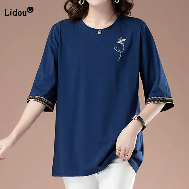 

Fashion All-match Embroidery Spliced Solid T-shirt Summer Women's Clothing Simplicity Casual Round Neck Loose 3/4 Sleeve Tops