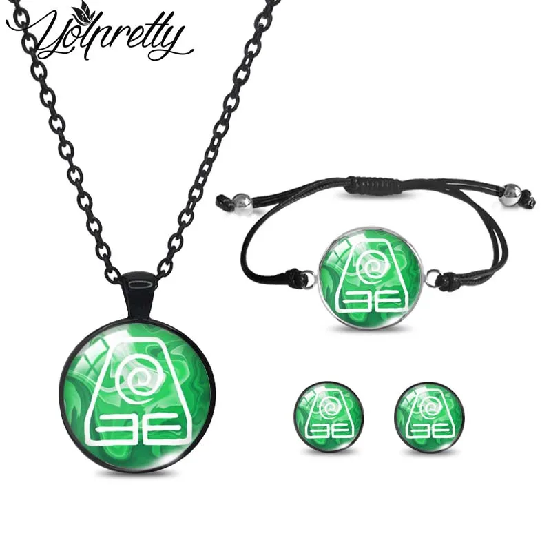 2023 New Arrival avatar the last airbender Black Necklace Rope Bracelet Stud Earrings Sets Glass Cabochon Jewelry Sets for Women