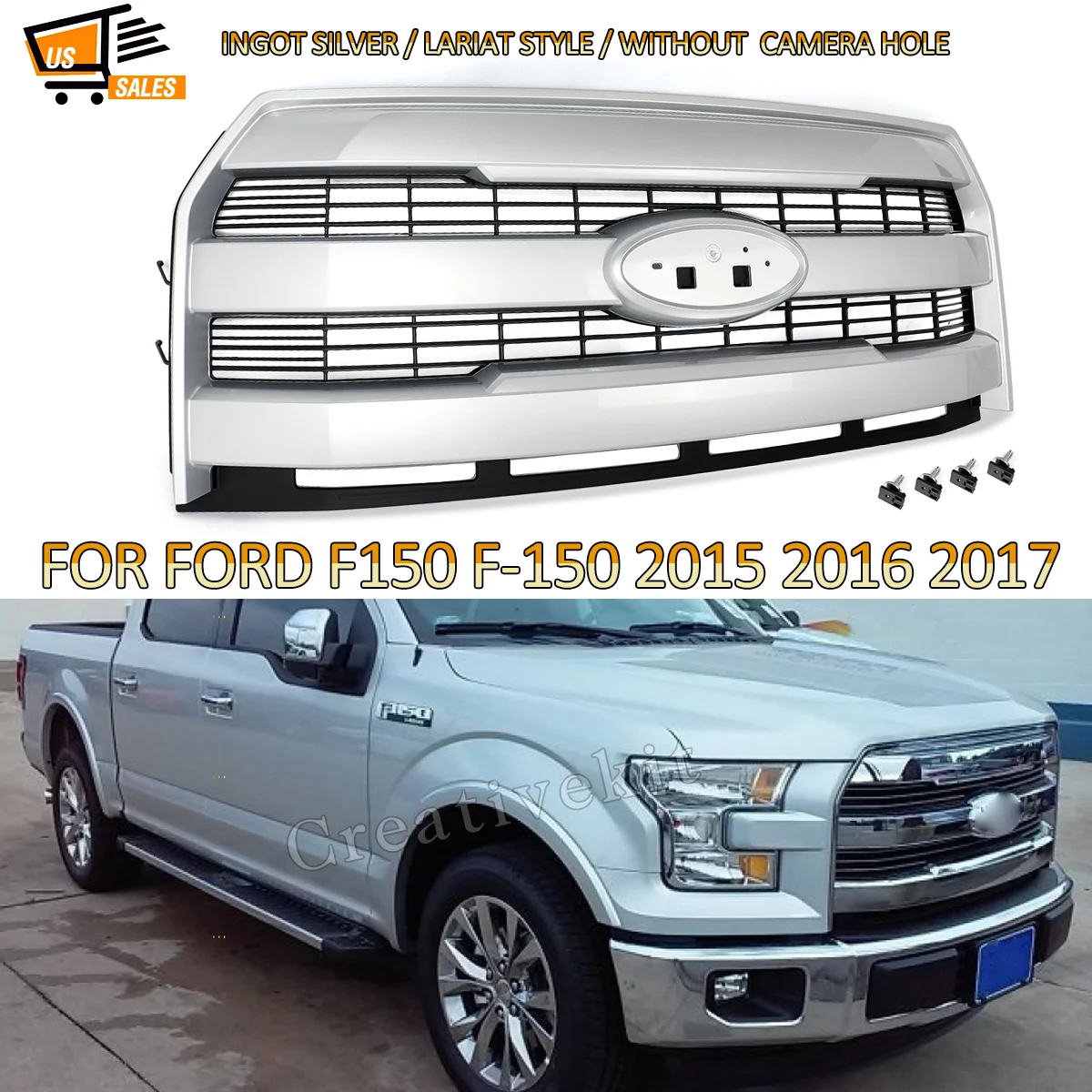 Magickit Grilles For Ford F150 F-150 Front Grille Assembly 2015 2016 2017 Front Bumper Grille W/O Camera Holes Ingot Silver UH