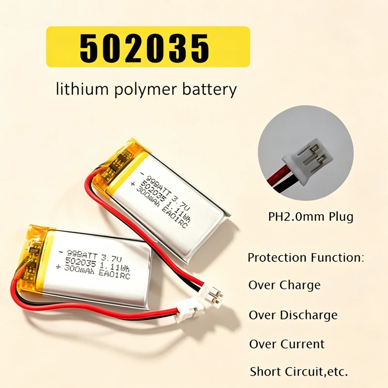 502035 300mAh 3.7V Lithium Battery Li Polymer Rechargeable Batteries for Small Fan Bluetooth Headset Toy Beauty Instrument