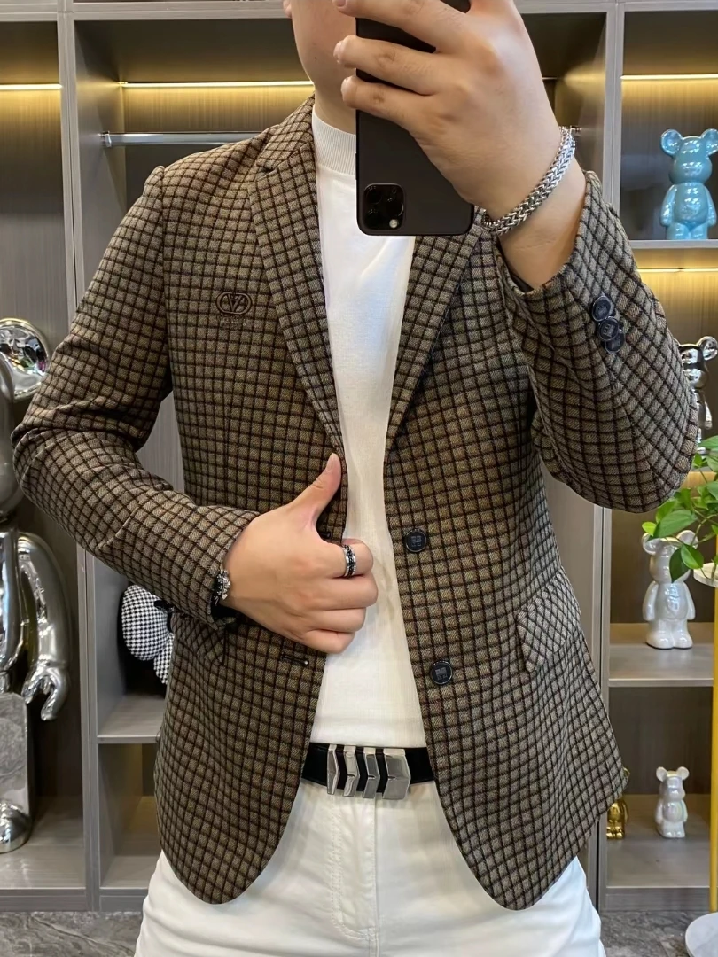 

Men's Plaid Suit 670 Comfortable High Quali Faionable Cool Versatile Haome Trendy High-End Feel European Sle Autumn ...