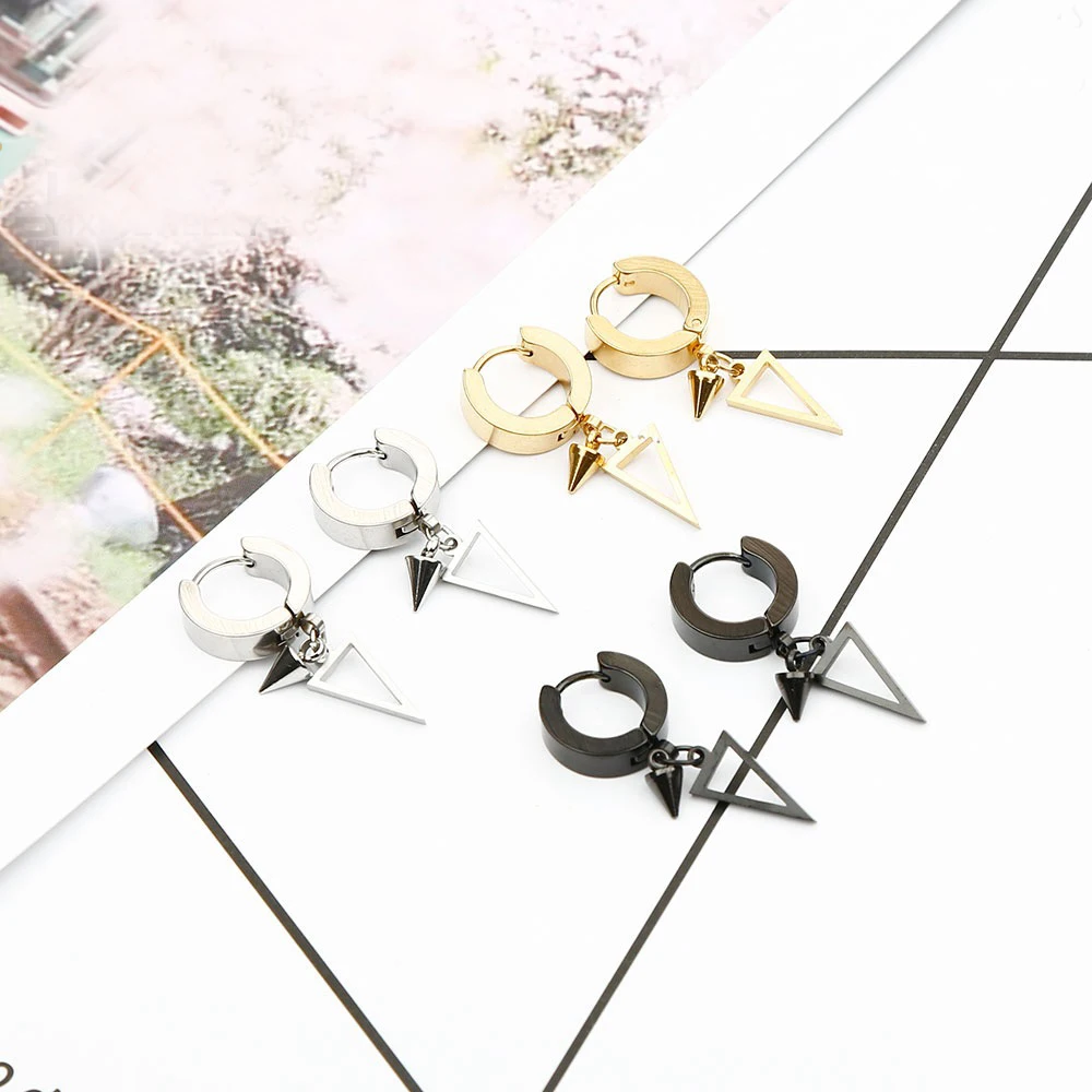 1 Pair Unisex Punk Drop Earrings For Women Men Jewelry Accessories Stainless Steel Geometric Triangle Spike Cone Earring Gift