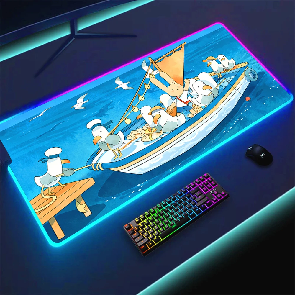 Anime Gamer Girl RGB Mouse Pad Blue Led Deskmat 90x40 Computer Accessories Kawaii Gaming Rubber Pad Keyboard Mat with Backlight