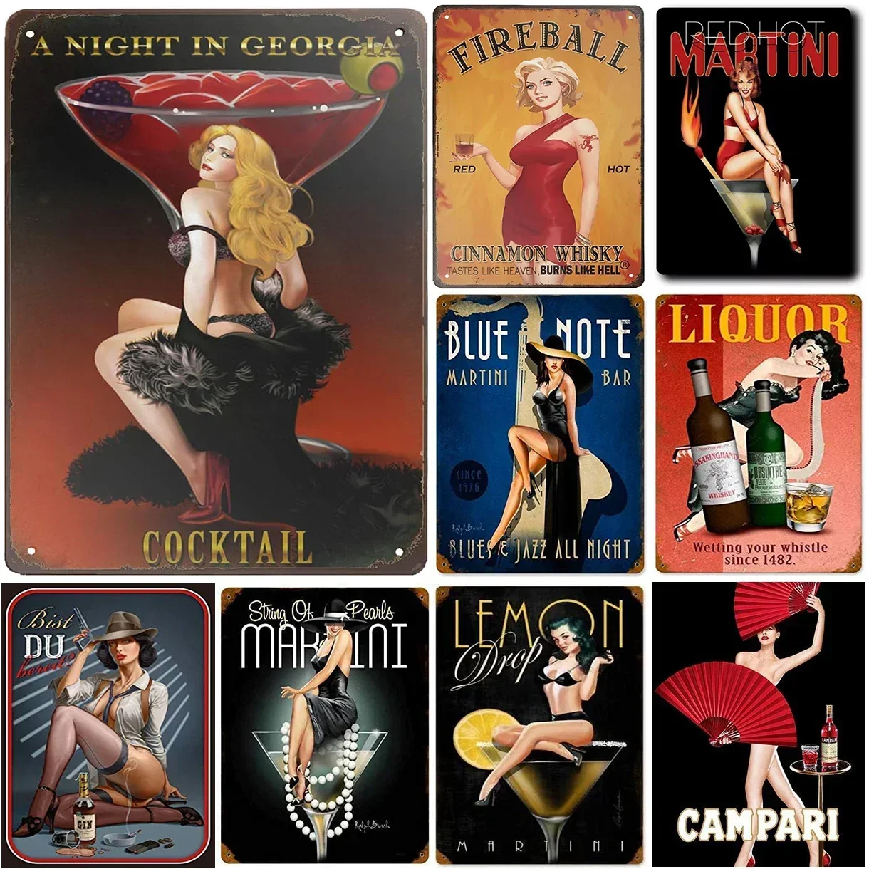 Pinup Wine Girls Metal Tin Signs Vintage Cocktail Martini Fireball Beer Wall Decor for Home Bars Garage Cafe Clubs Man Cave Pubs