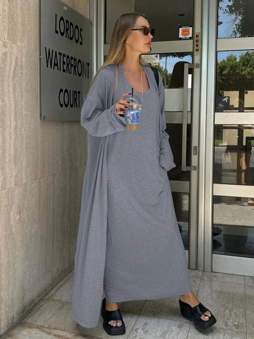 

Marthaqiqi Loose Women Sleepwear Set Long Sleeve Robe V-Neck Pajama O-Neck Nightgowns Ankle-Length Dress Casual Ladies Nightwear