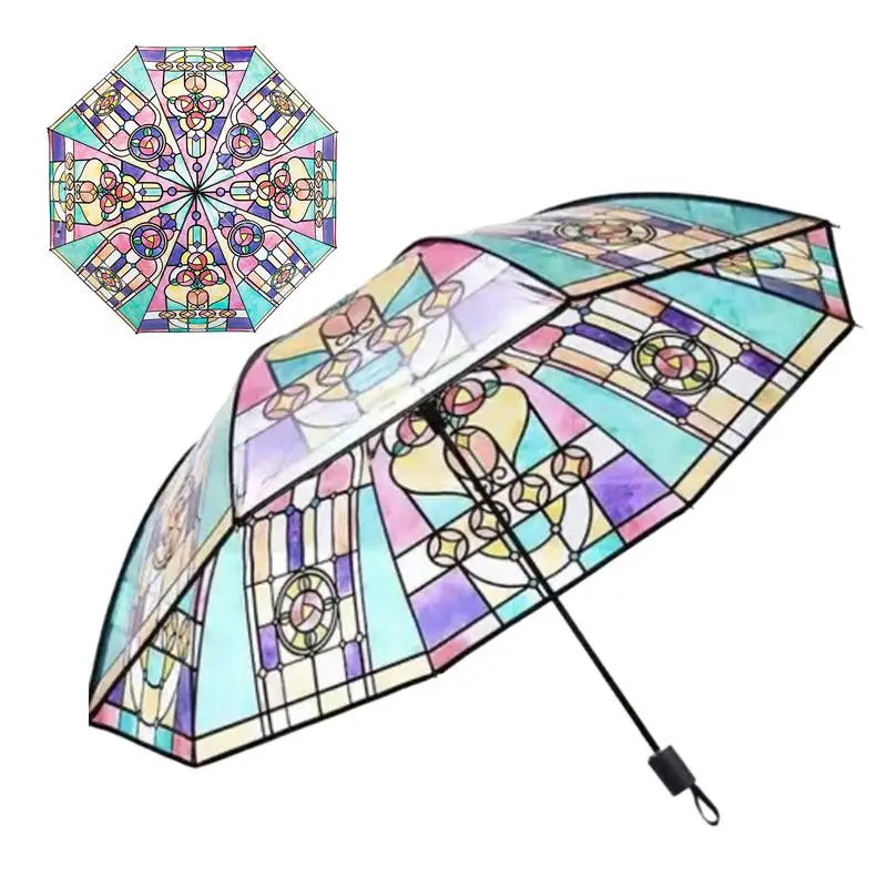 Vintage Stained Glass Automa Umbrella Glass Painted Transparent Vintage Parasol Portable Automatic Opening Folding Umbrella