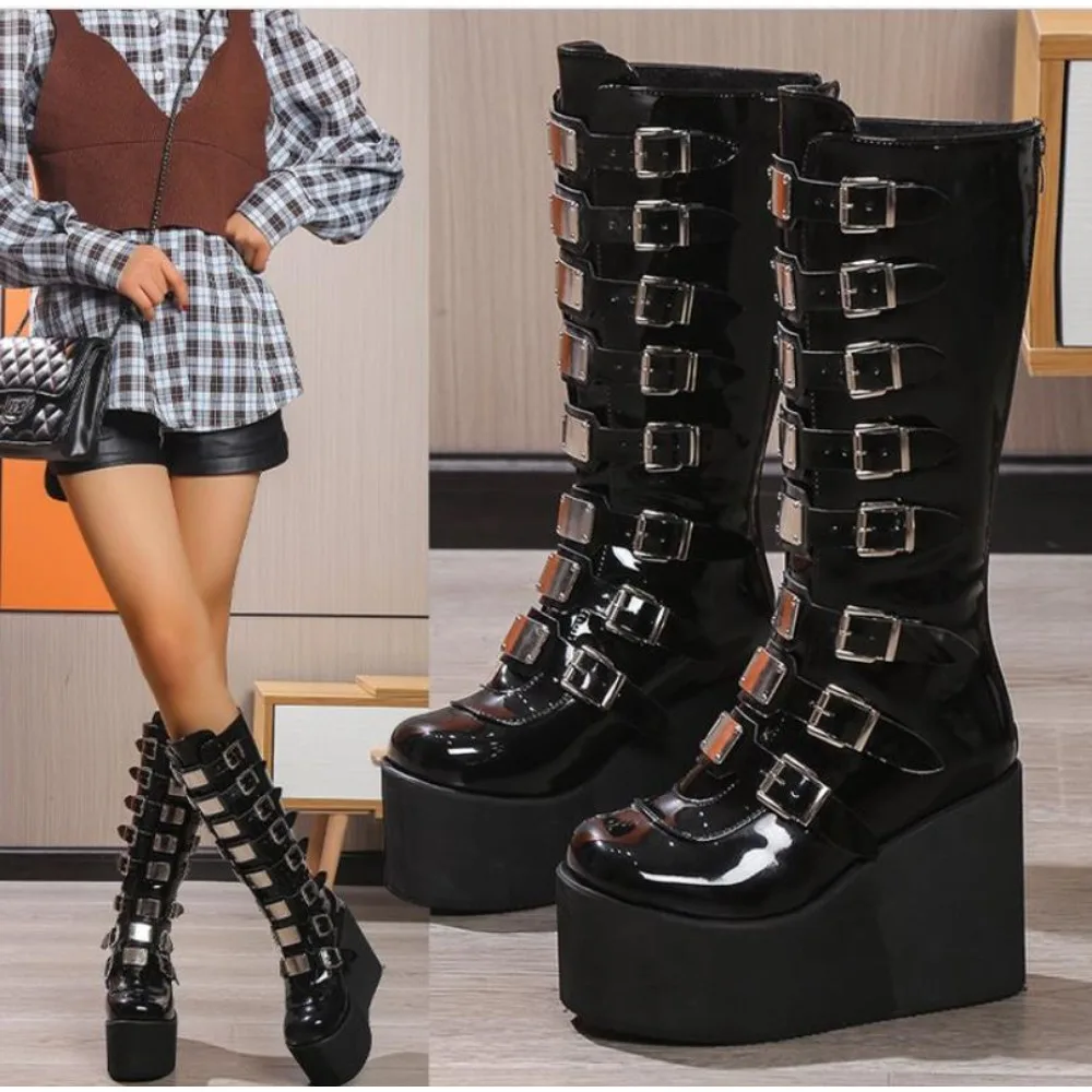 Punk Women Boots Cosplay Ladies High Heel Platform Wedges Women High Boots Gothic Buckle Strap Long Tube Leather Female Boots