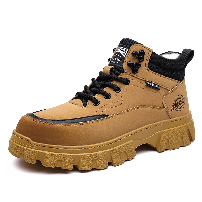 

Winter Keep Warm Work Boots for Men New Designer Fashion Platform Leather Boots Male Lace High Top Antiskid Cotton Shoes Man