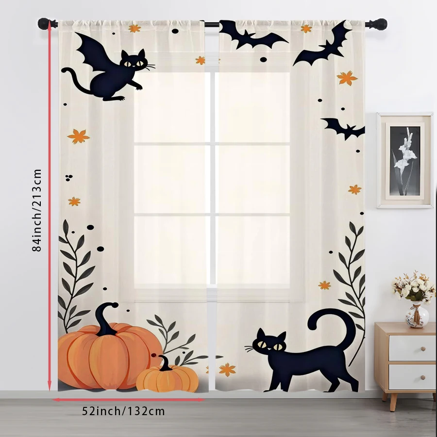 2PCS Digital Print Sheer Curtain, Cute Black Cat Bat Pumpkin Halloween Spooky Window Drapes for Living Room Bedroom Home Decor - view 6