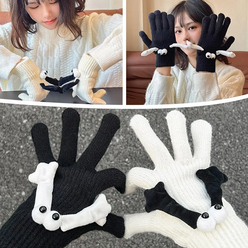 1 Pair Knitted Gloves For Couple Funny Magnetic Suction Hand In Hand Gloves Elastic Funny Big Eyes Full Fingers Winter Glov Z2x9