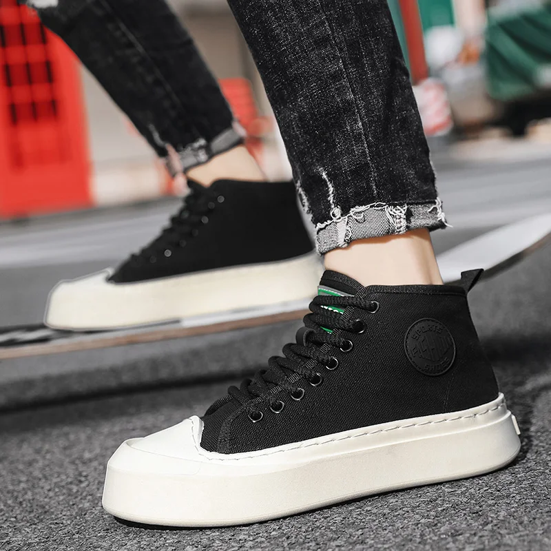 HKDQ Green High Top Sneakers Men Fashion Design Lace-up Men\'s Canvas Shoes Original Breathable Platform Vulcanized Shoe For Man