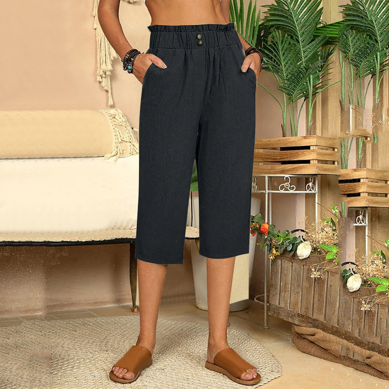 Women Pant Ruffle Elastic Waistband Cropped Pants Buttons Decor Straight Wide Leg Summer Pants Solid Color Casual Lady Trousers