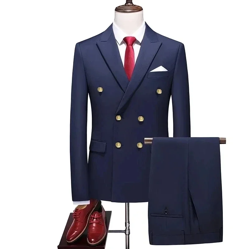 2023 Fashion New One Piece Suit Sets / Men Slim Fit Double Breasted Dress Blazers Jacket Coat Pants Trousers 2 Pcs Set