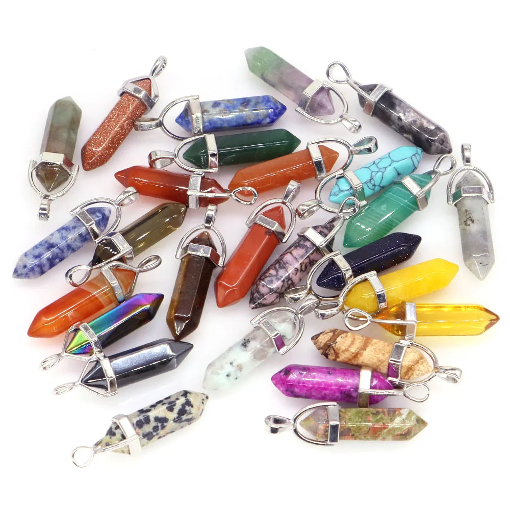 Wholesale Crystal Point Hexagonal Column Pendulum Pendant Natural Healing Chakra Stone Quartz Bullet DIY Jewelry Making Necklace