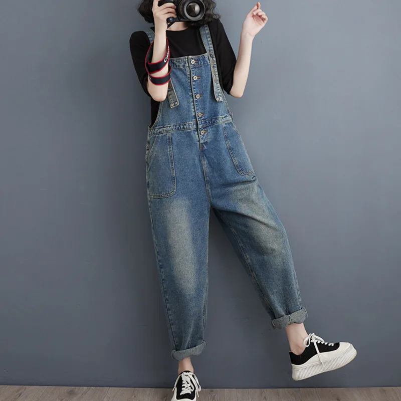 #1446Black Blue Denim Overalls Women Buttons Sleeveless Denim Jumpsuits Ladies Pockets Camisole Harem Jeans Jumpsuit Femme Loose