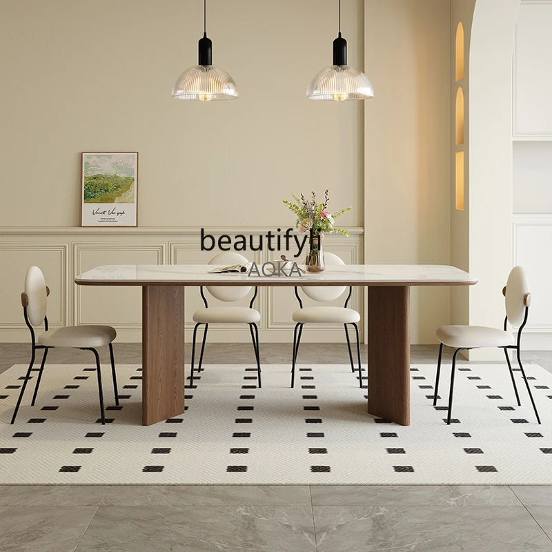 French cream solid wood rock slab dining table and chair combination retro black walnut rectangular table