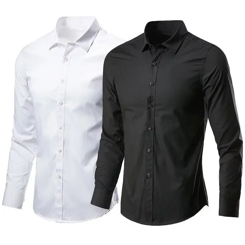 Men Business Casual Anti Wrinkle Shirt Male Comfortable Breathable Slim Fit Dress Shirt Solid Color Versatile Long Sleeve Shirt