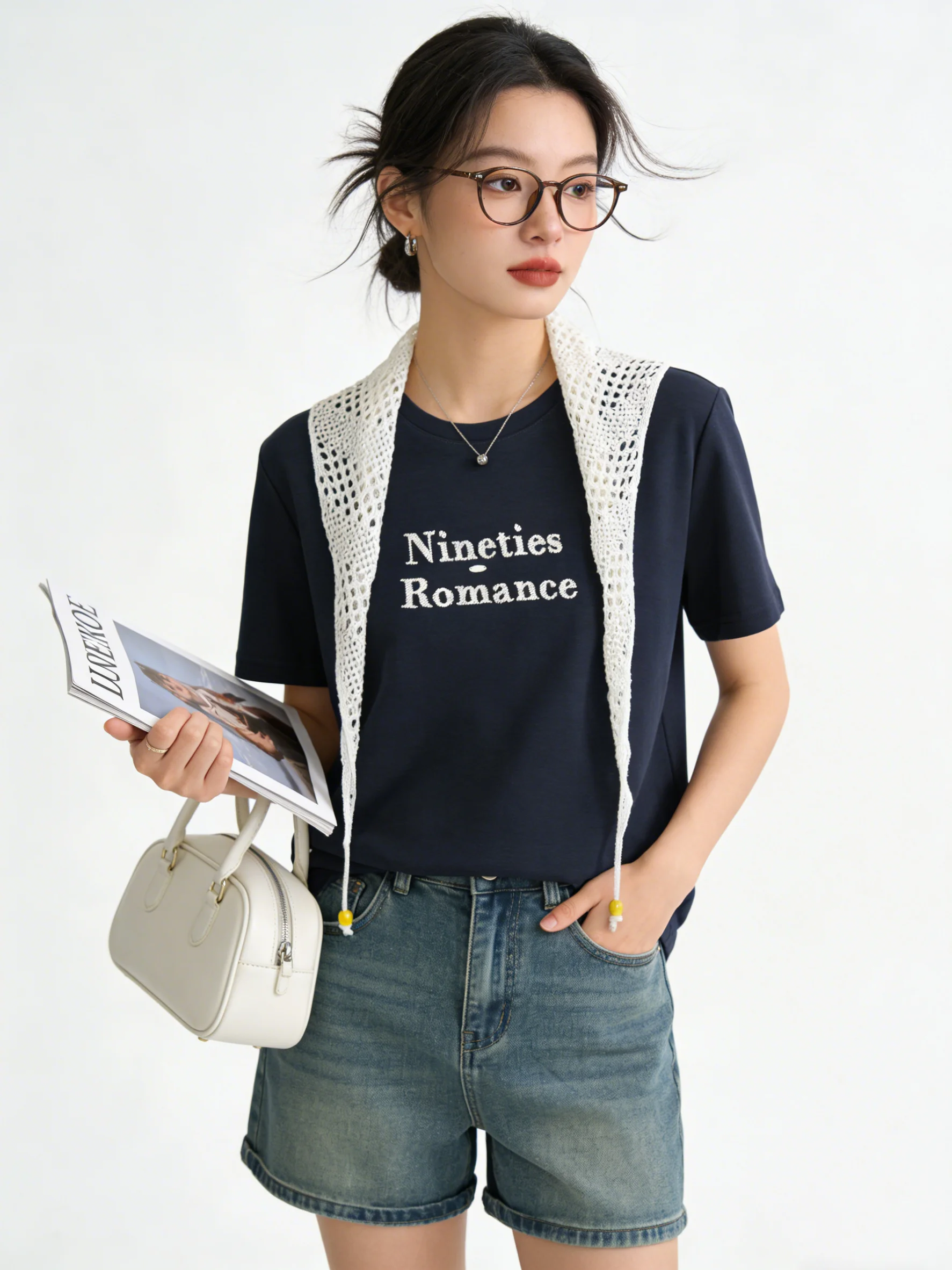 

Simple round Neck Short Sleeve T-Shirt Embroidered Hollow out Pure Color Summer Top Versatile Ageless Korean Style Women's Tee
