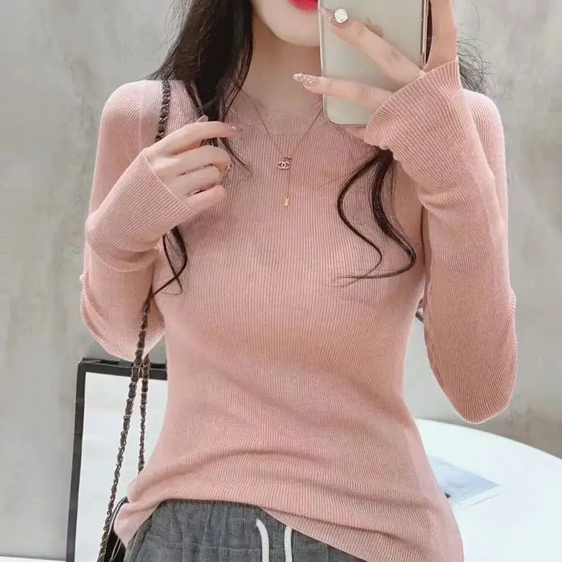 German Rong Knitted Sweater Women\'s Threaded Slim Pullover Bottoming Autumn Winter Round Neck Right Shoulder Long Sleeve Top
