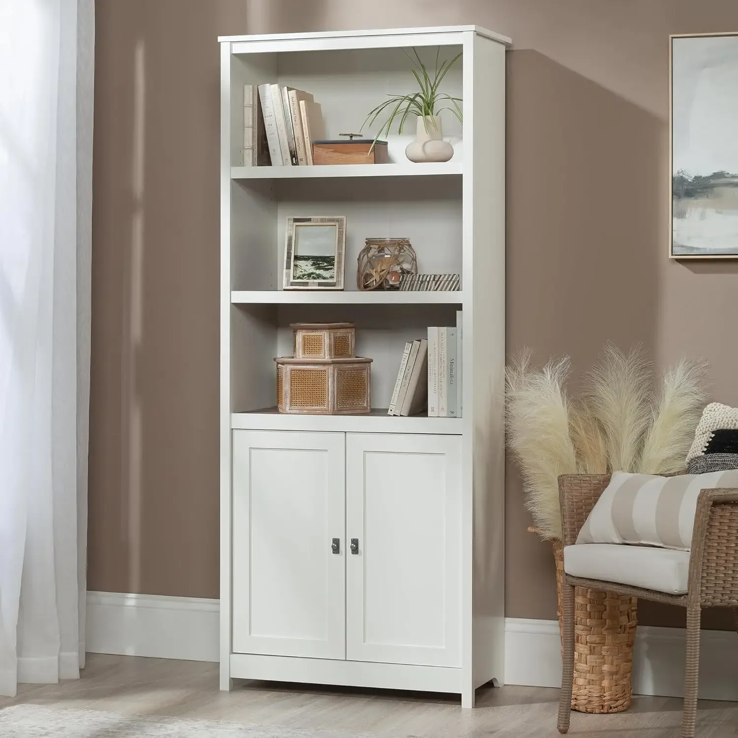 Cottage Road Book Shelf, Bookshelf with Storage, Library Bookcase with Doors and Adjustable Shelves, in Soft White Finish