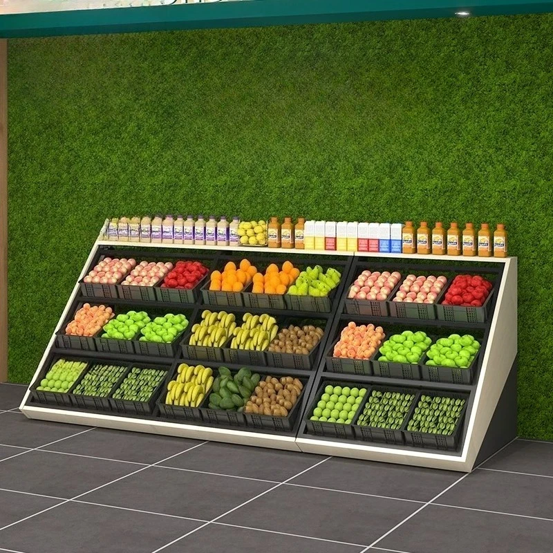 Supermarket fruit and vegetable display rack, fresh convenience store fruit and vegetable shelf, steel wood store