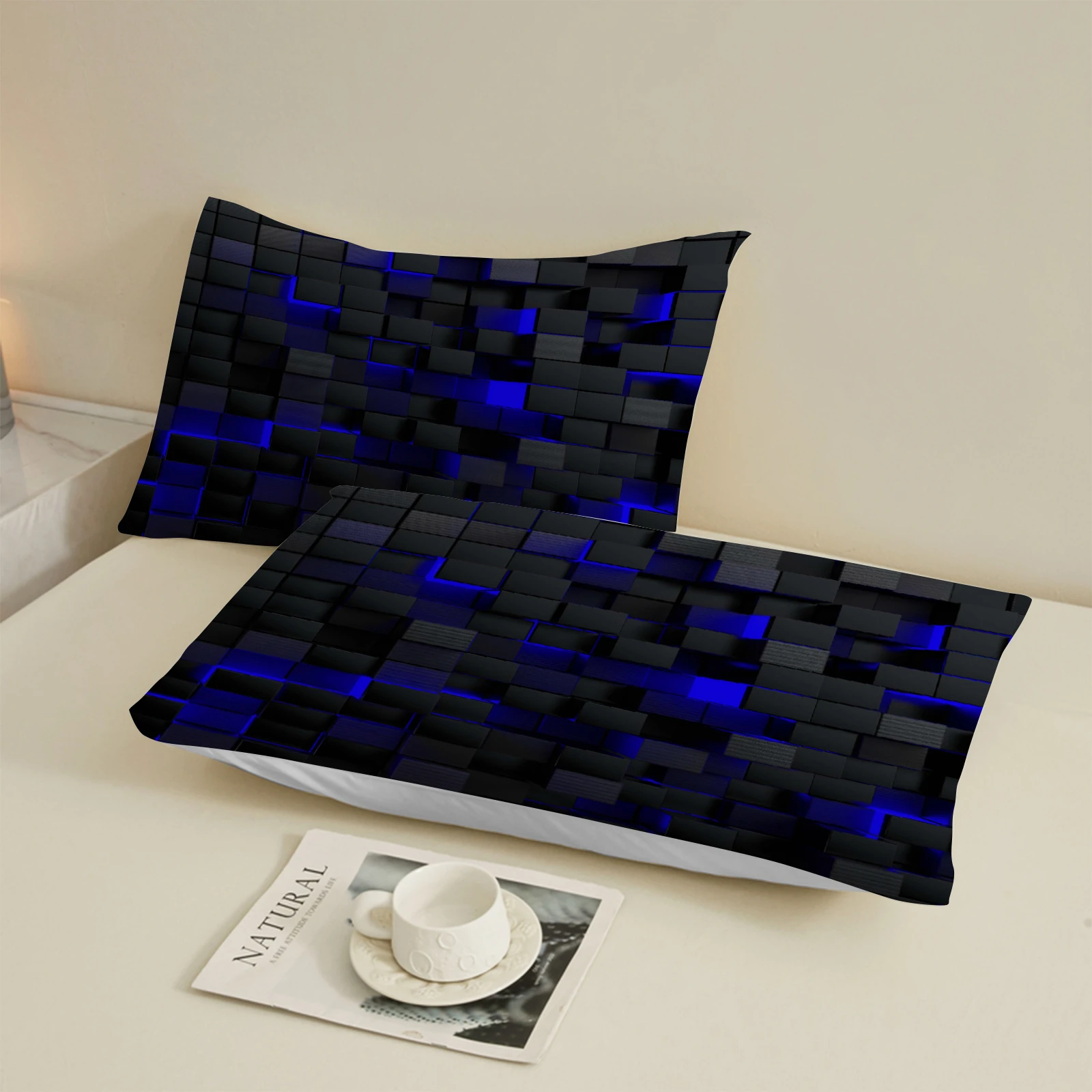 1 Stück 3D-geometrisches quadratisches Spannbettlaken, schwarz, blau, leuchtende Würfelstruktur, weiche Mikrofaser-Bettwäsche für moderne Schlafzimmerdekoration – Detail 11