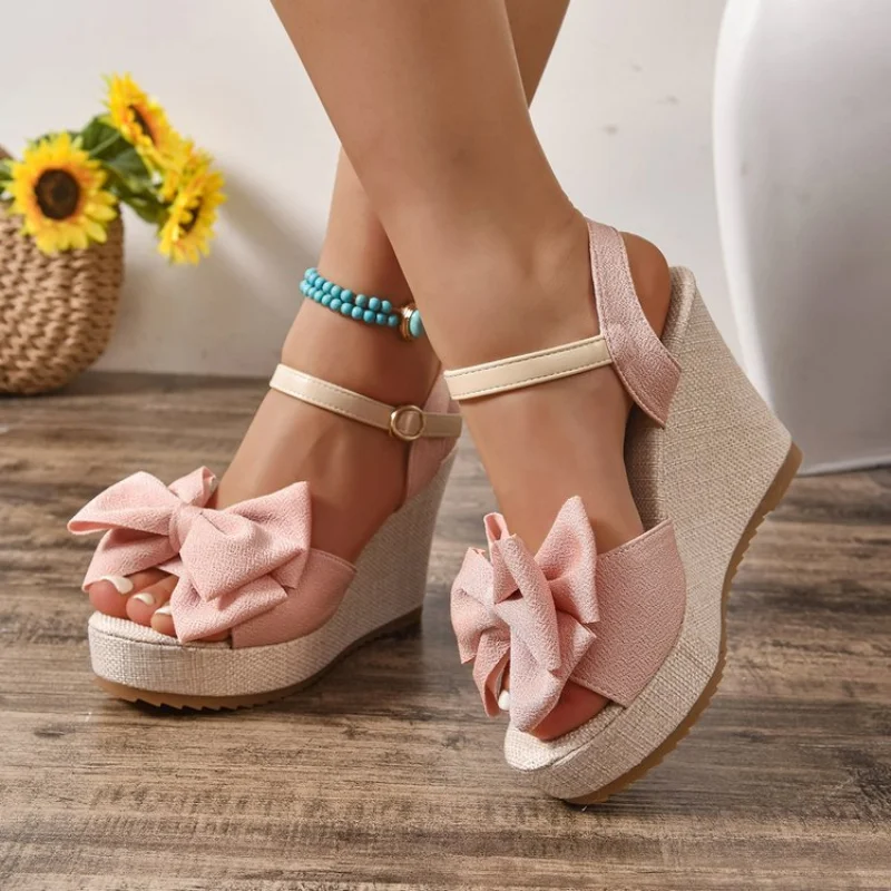 Summer Elegant Round Toe Butterfly Wedge Heel Sandals Fashionable Best Selling New Comfortable Plus Size Women's Shoes