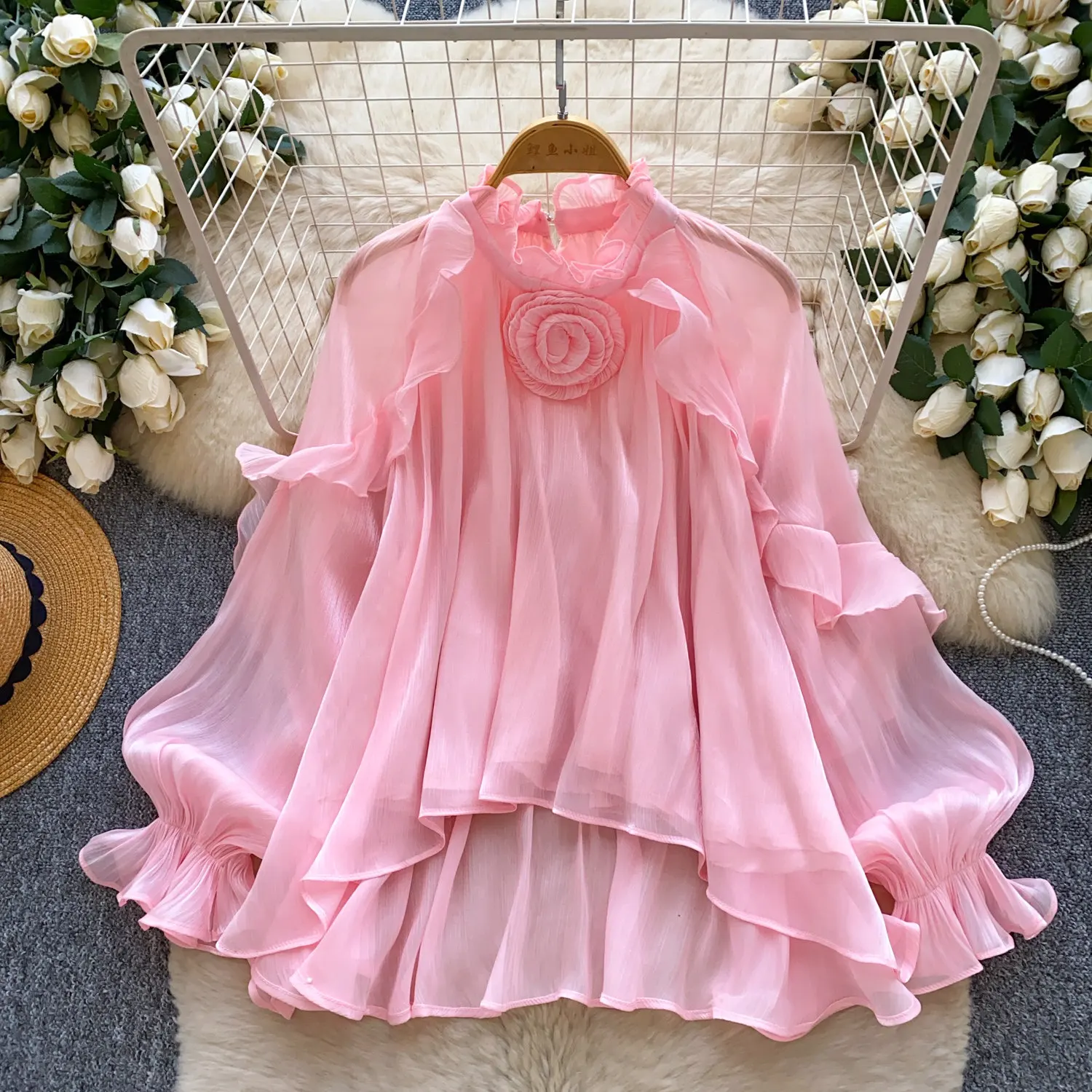 

Women Solid Mesh Shirt Pleated Basic Tops 3D Flower Long Lantern Sleeves Stand Collar Thin Loose Fit Elegant Casual 2026 Spring