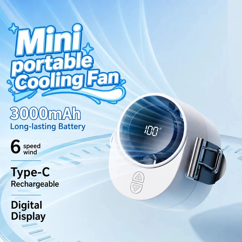 3000mahポケットターボクリップファン-type-c充電式-デジタルディスプレイ付き-360度回転-°-調整可能な6段階強風腰掛け冷却ファン