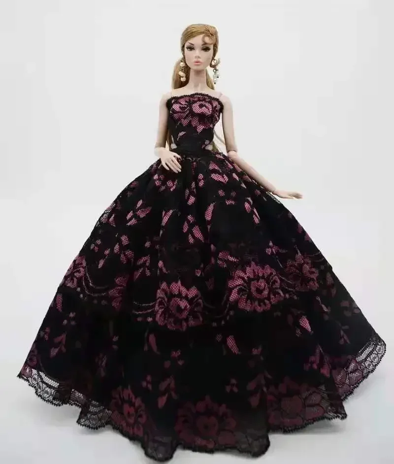 1/6 Classic Black Pink Floral Off Shoulder Wedding Party Gown Doll Dress For Barbie Princess Doll Clothes 11.5