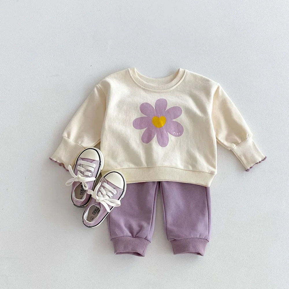 Autumn Baby Clothing Set Korean Style Girls Flower Print Infant\'s Suit Fashion Cotton O-neck Top+Pants 2Pcs Baby Outfit