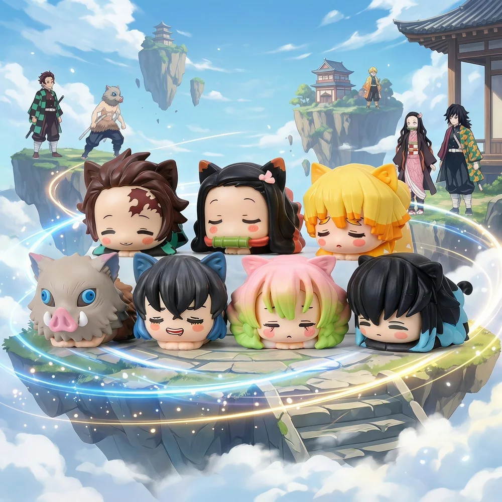 Demon Slayer Cat Figure Set 6pcs PVC Anime Character Sculpture Muichiro Nezuko Mitsuri Sleeping Cat Desk Ornament Collection