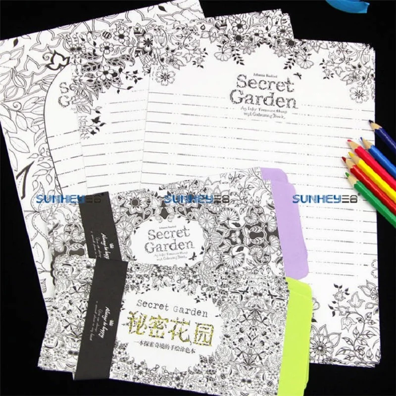 Juego de 3 sobres y 6 papeles de escritura para colorear, suministros de papelería para regalo, Jardín Secreto, 9 unidades por juego