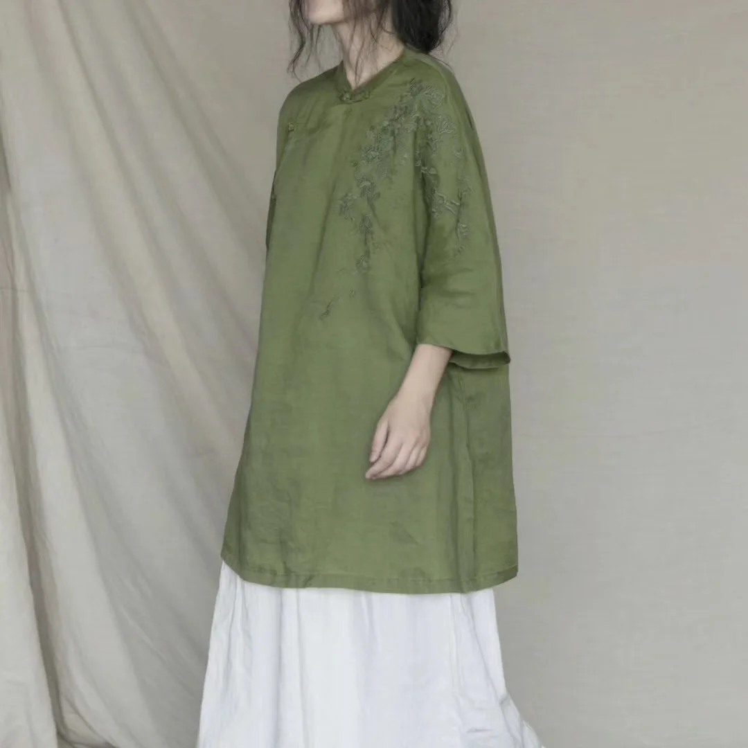 Linen Women's Embroidered Midi Shirt with Button Placket Cut Label Style Zen Tea Costume Cotton Blend Traditional Chinese Top