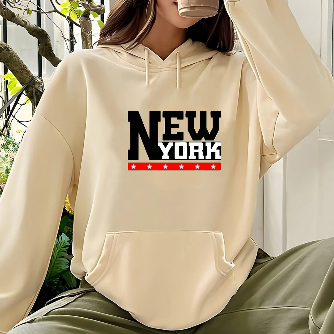 

Женский осенне-зимний модный повседневный свободный пуловер с капюшоном и круглым вырезом с буквенным принтом Нью-Йорка и длинными рукавами на шнурке