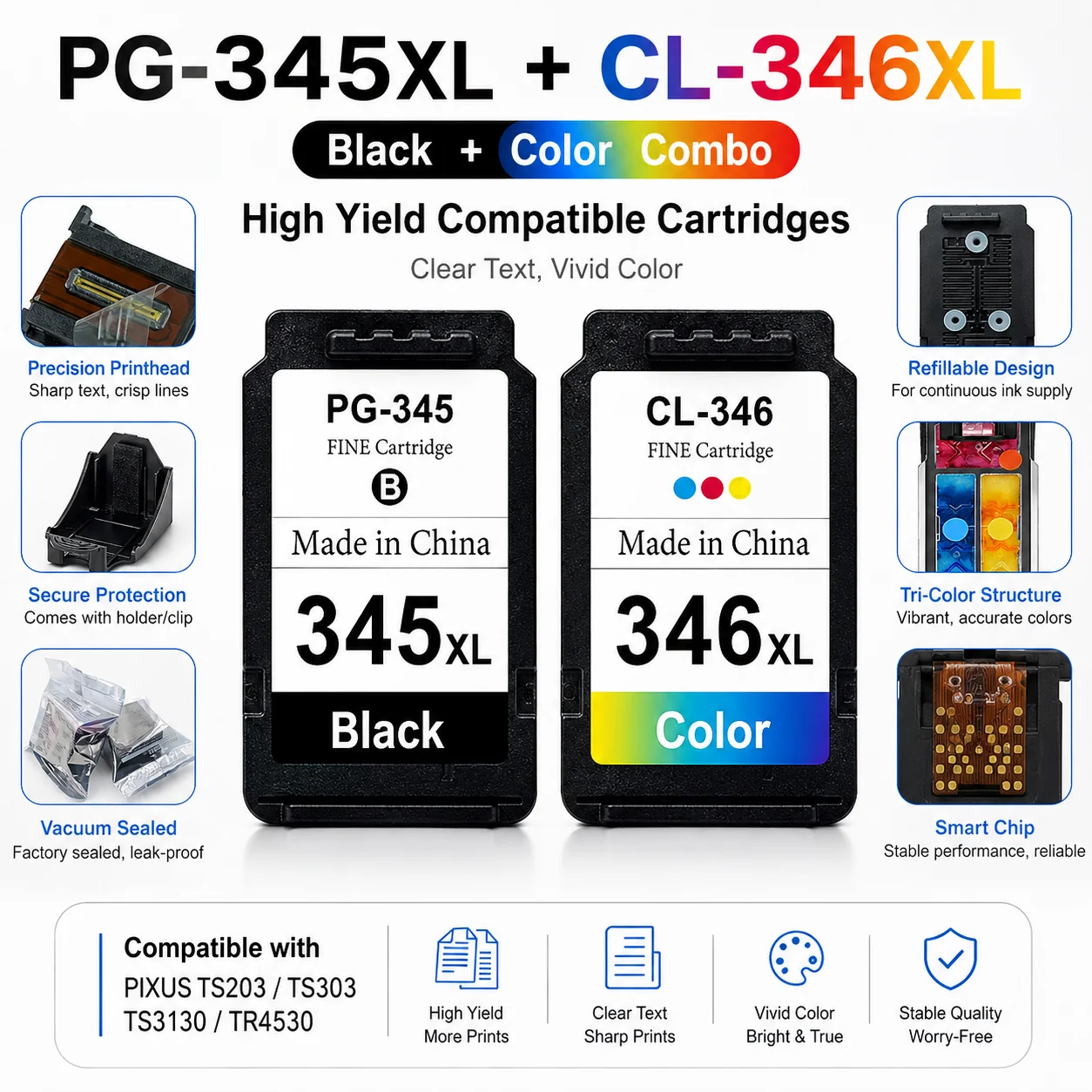 PG-345XL CL-346XL Compatible Ink Cartridge Combo for Canon PIXUS TS203 TS303 TS3130 TR4530 Black Color
