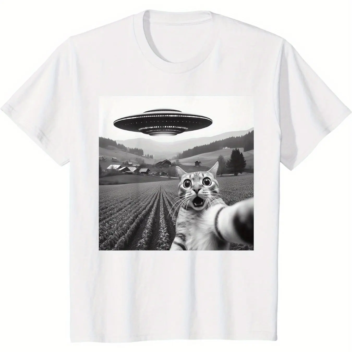 UFO and Cat Pattern Print Tshirt Women Men Summer Casual Loose Humorous Round Neck Short Sleeve Oversize Top Tshirt Unisex