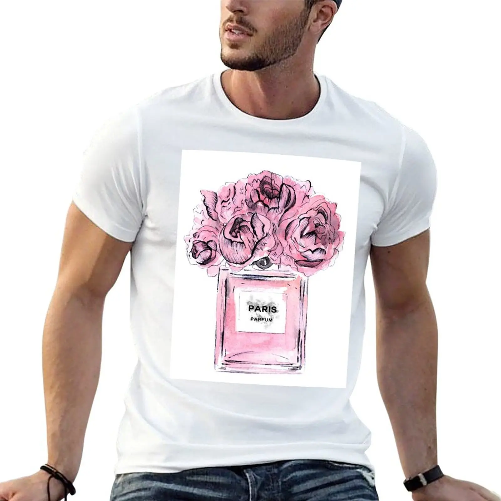 

Perfume Bottle Watercolor Painting Hand Drawn With Pink Flowers T-Shirt man t shirts graphic man tshirt T-Shirt