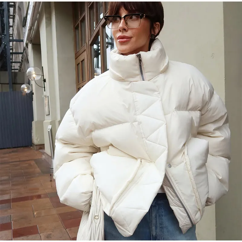 

Fashion Solid Short Cotton Coat Women Casual Stand Collar Single Breasted Zipper Loose Jackets 2025 Winter High Street Outwear