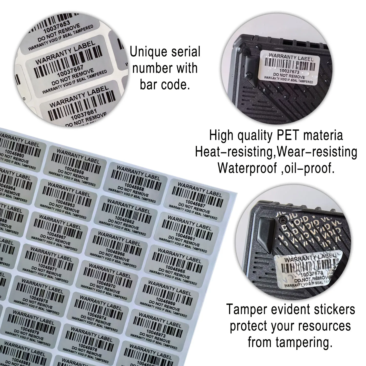 Mattsilberne, manipulationssichere, manipulationssichere Aufkleber mit Barcode-Garantie, VOID-Siegel, Sicherheitsetikett mit Seriennummerierung,