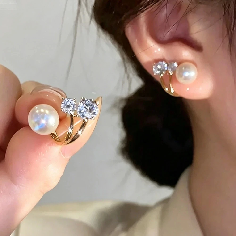 Women Korean Style Tulip Flower Opal And Pearl Clip Earrings Cute Wedding Bride Jewelry Daily Party Present Gift