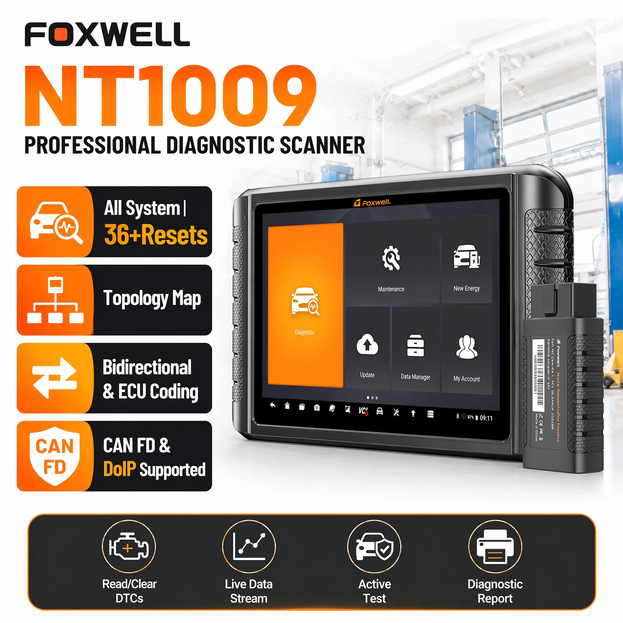 

CANFD DOIP ECU Coding Bidirectional OBD2 Scanner FOXWELL NT1009 Full System Car 36+ Resets Topology Map Diagnostic Code Reader