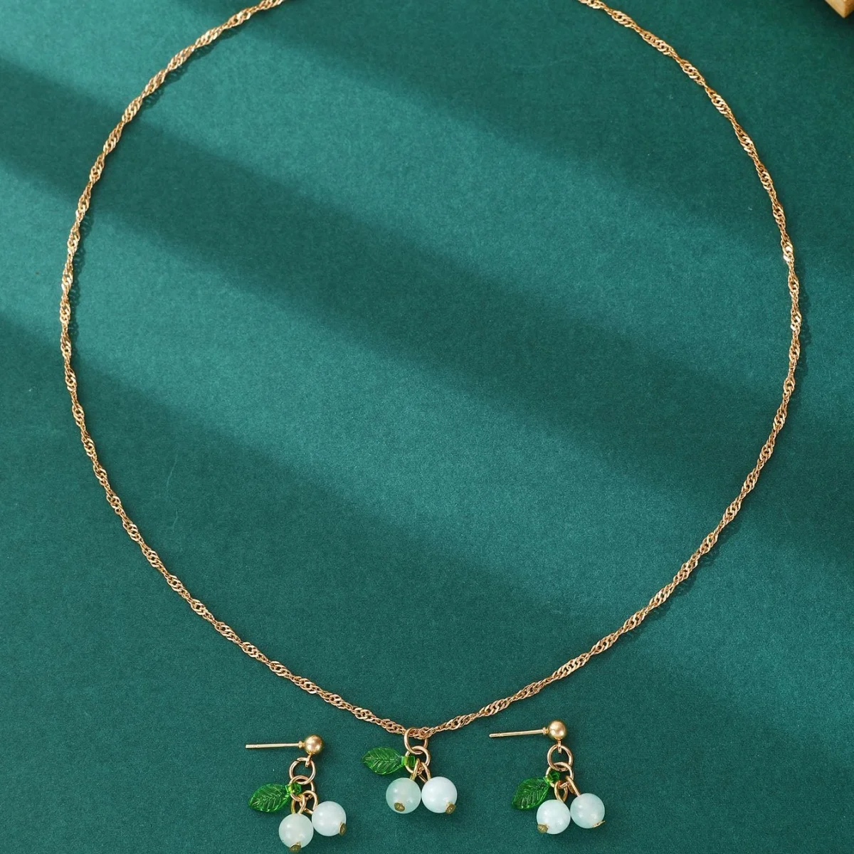 Cherry Red Necklace & Earring Set, Elegant Collarbone Chain